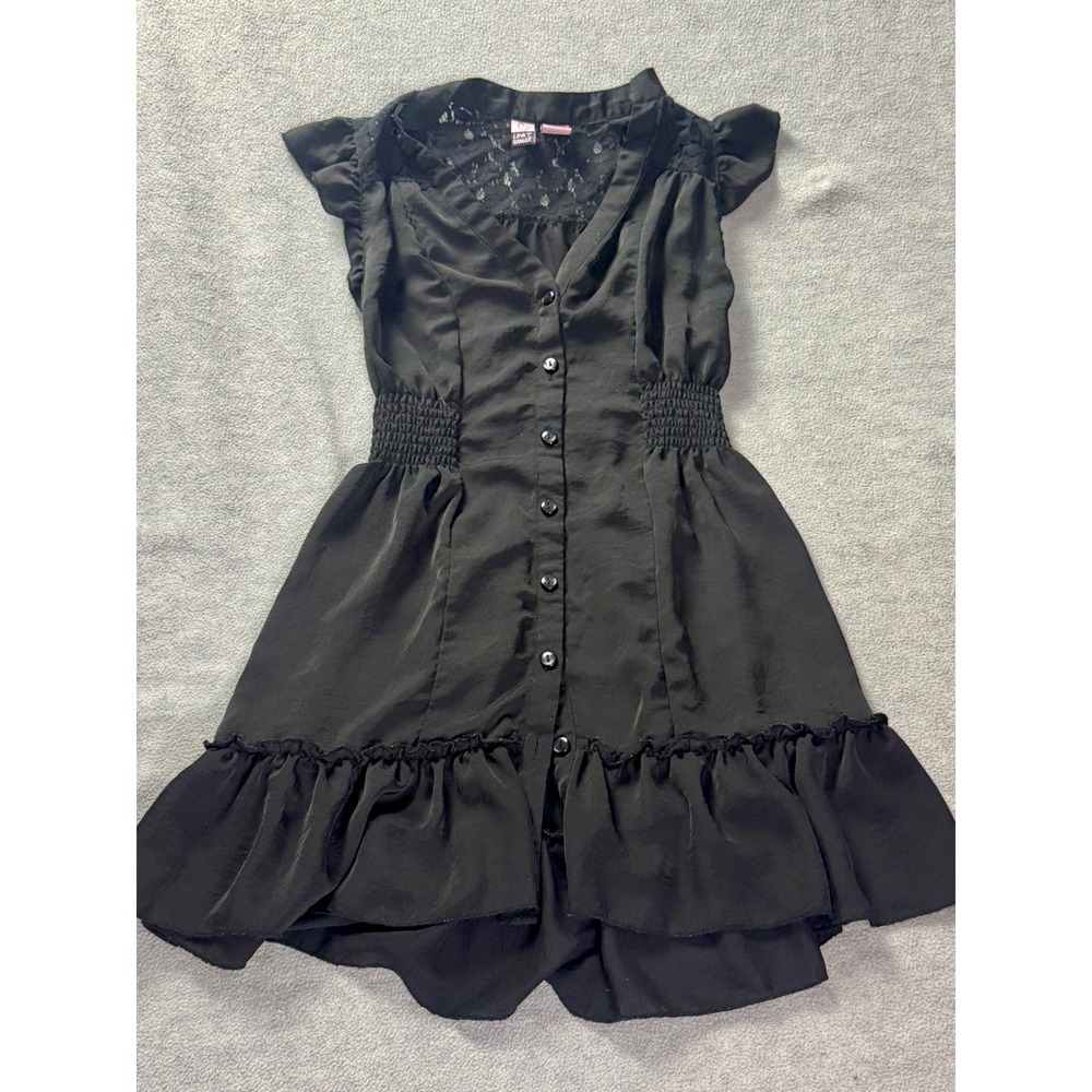 Love On A Hanger Black Lace Yoke Smocked Waist Ruffle Mini Dress XS 15651AN